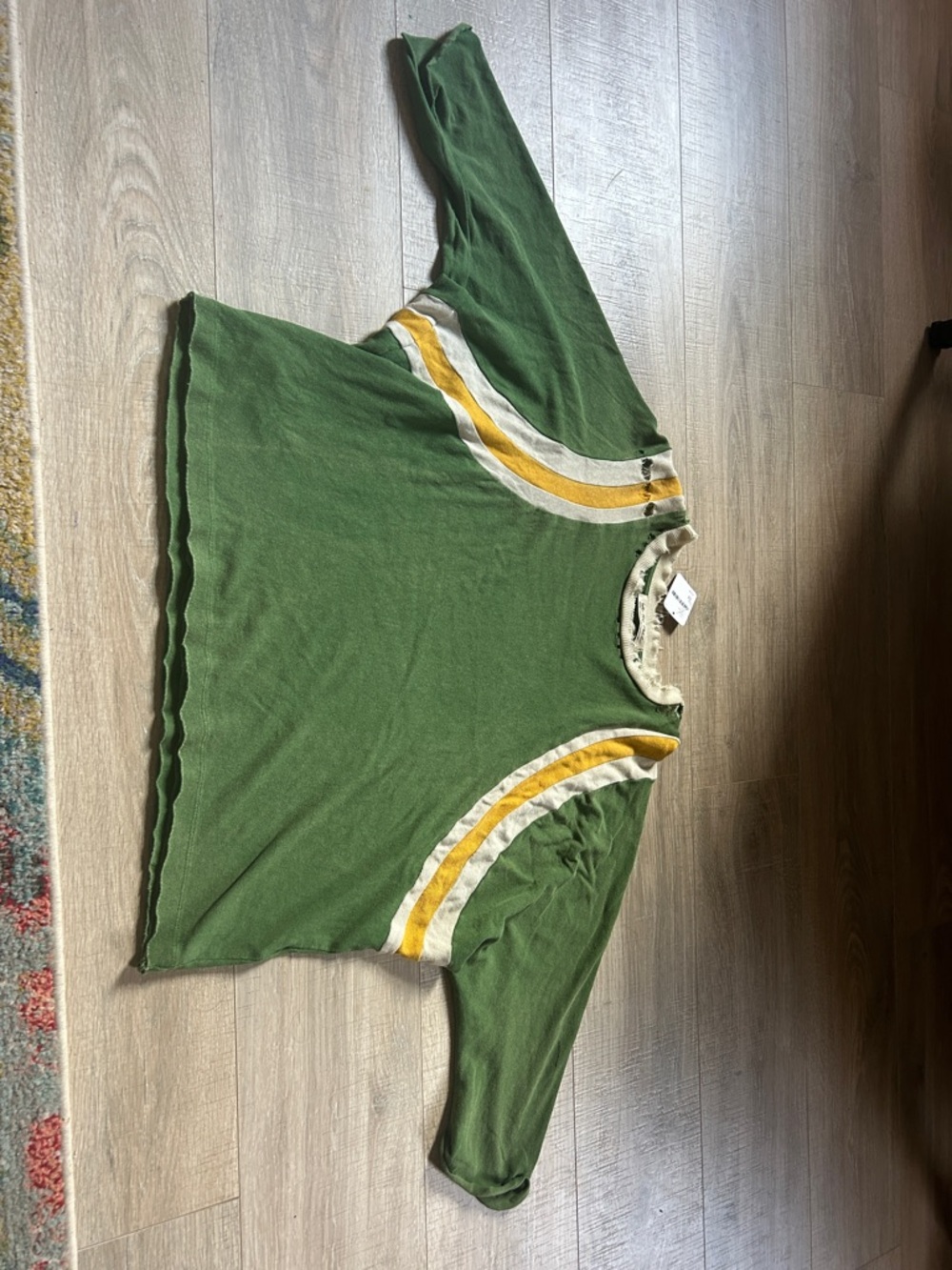 Free People Green Short Sleeve Tee with Yellow and Cream Stripes